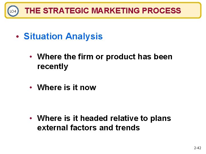 LO 4 THE STRATEGIC MARKETING PROCESS • Situation Analysis • Where the firm or