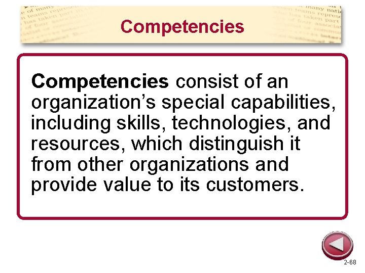 Competencies consist of an organization’s special capabilities, including skills, technologies, and resources, which distinguish