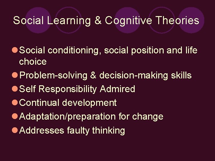 Social Learning & Cognitive Theories l Social conditioning, social position and life choice l