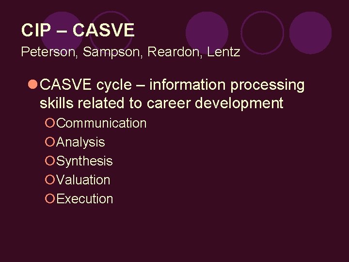 CIP – CASVE Peterson, Sampson, Reardon, Lentz l CASVE cycle – information processing skills