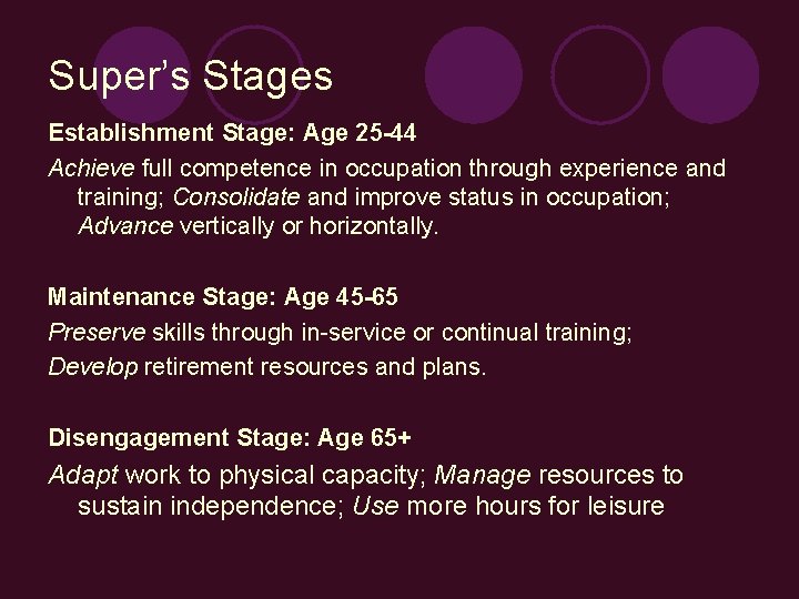 Super’s Stages Establishment Stage: Age 25 -44 Achieve full competence in occupation through experience