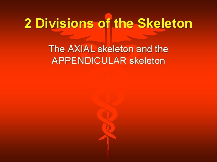 2 Divisions of the Skeleton The AXIAL skeleton and the APPENDICULAR skeleton 