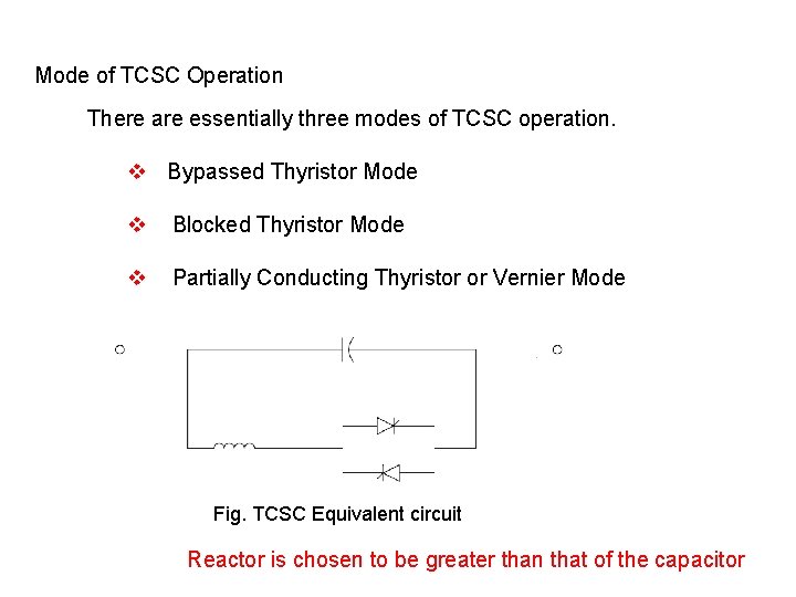 Mode of TCSC Operation There are essentially three modes of TCSC operation. v Bypassed