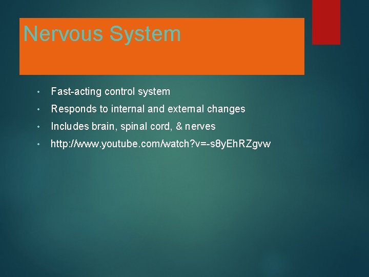 Nervous System • Fast-acting control system • Responds to internal and external changes •