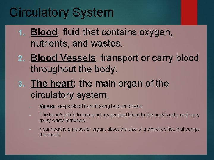 Circulatory System 1. Blood: fluid that contains oxygen, nutrients, and wastes. 2. Blood Vessels: