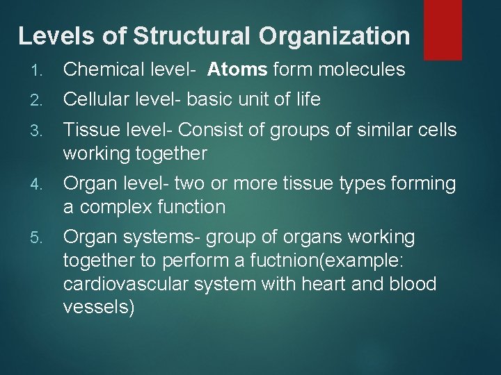 Levels of Structural Organization 1. Chemical level- Atoms form molecules 2. Cellular level- basic