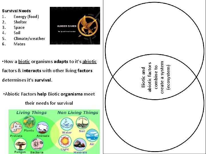 Survival Needs Energy (food) Shelter Space Soil Climate/weather Mates • How a biotic organisms