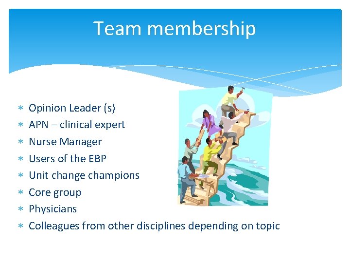 Team membership Opinion Leader (s) APN – clinical expert Nurse Manager Users of the