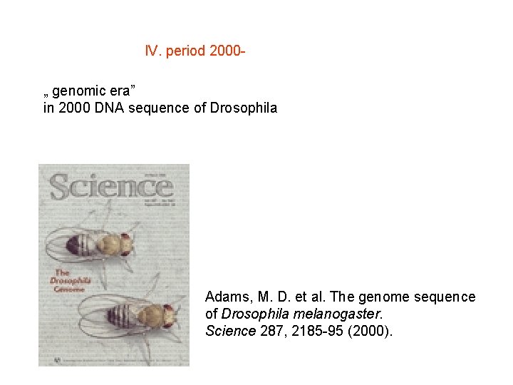 IV. period 2000„ genomic era” in 2000 DNA sequence of Drosophila Adams, M. D.