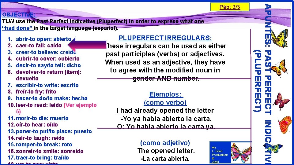 OBJECTIVE: TLW use the Past Perfect Indicative (Pluperfect) in order to express what one