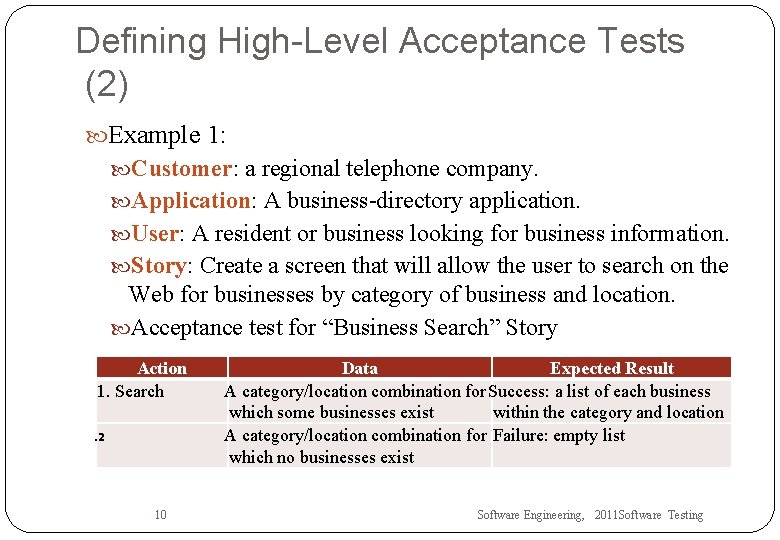 Defining High-Level Acceptance Tests (2) Example 1: Customer: a regional telephone company. Application: A