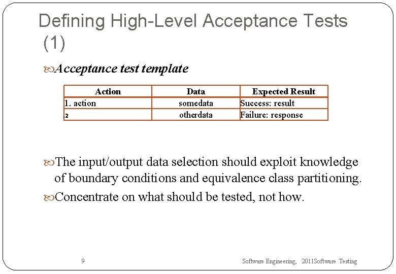Defining High-Level Acceptance Tests (1) Acceptance test template Action 1. action. 2 Data somedata