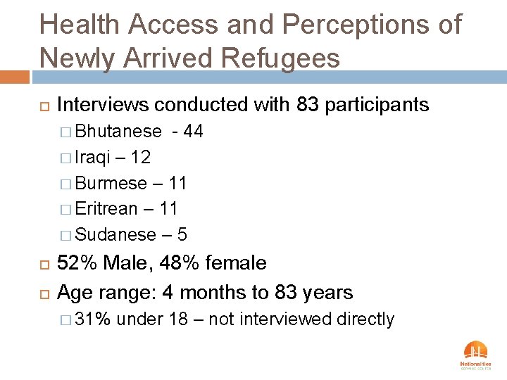 Health Access and Perceptions of Newly Arrived Refugees Interviews conducted with 83 participants �