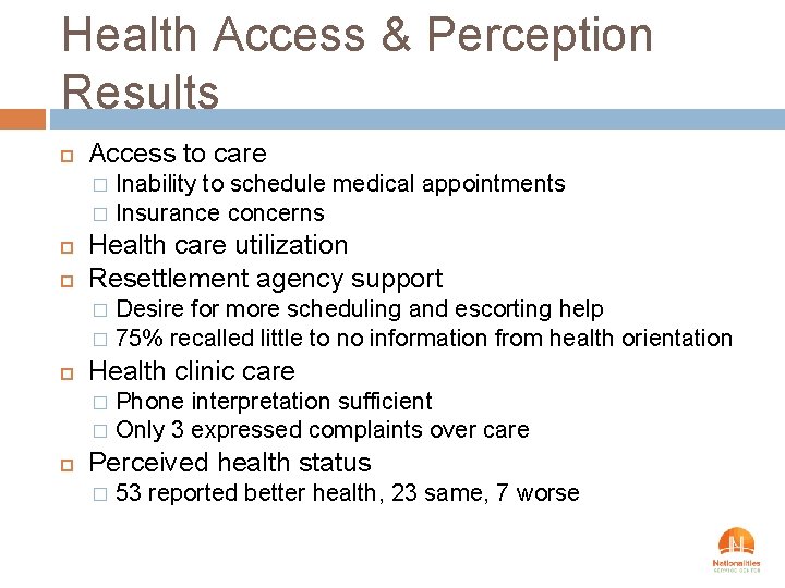 Health Access & Perception Results Access to care Inability to schedule medical appointments �