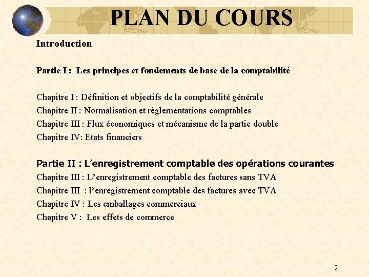 PLAN DU COURS Introduction Partie I : Les principes et fondements de base de