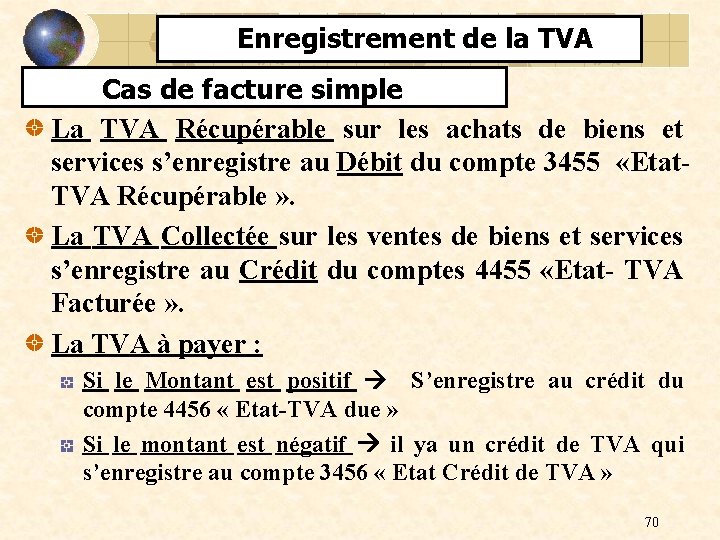 Enregistrement de la TVA Cas de facture simple La TVA Récupérable sur les achats