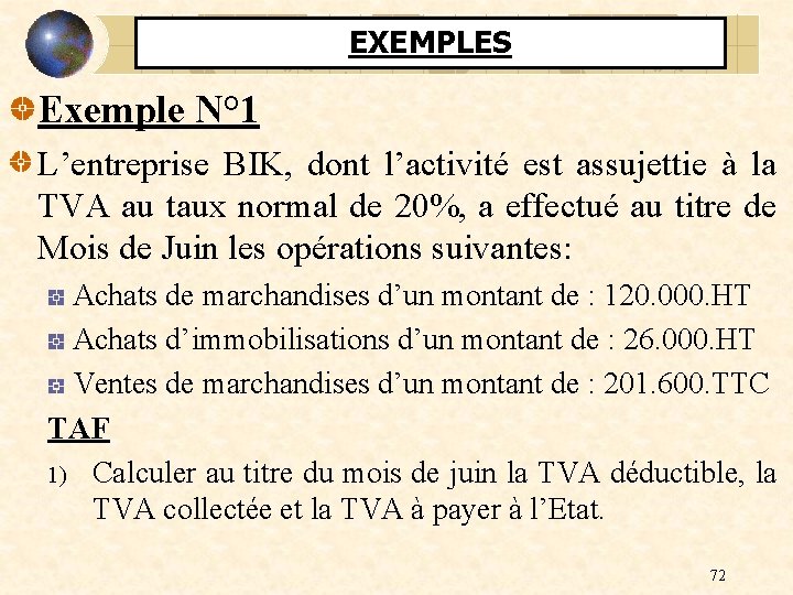 EXEMPLES Exemple N° 1 L’entreprise BIK, dont l’activité est assujettie à la TVA au