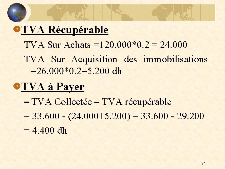 TVA Récupérable TVA Sur Achats =120. 000*0. 2 = 24. 000 TVA Sur Acquisition