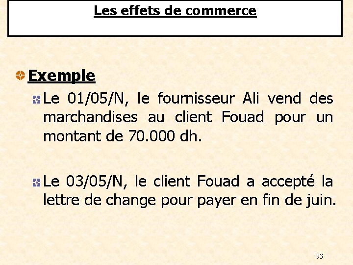 Les effets de commerce Exemple Le 01/05/N, le fournisseur Ali vend des marchandises au