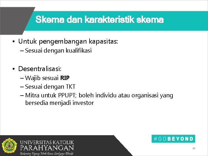 Skema dan karakteristik skema • Untuk pengembangan kapasitas: – Sesuai dengan kualifikasi • Desentralisasi: