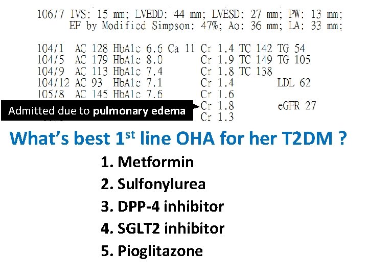 Admitted due to pulmonary edema What’s best 1 st line OHA for her T