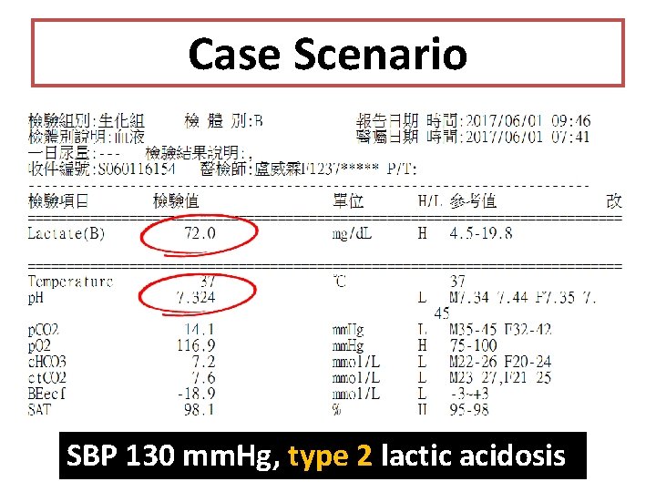 Case Scenario SBP 130 mm. Hg, type 2 lactic acidosis 