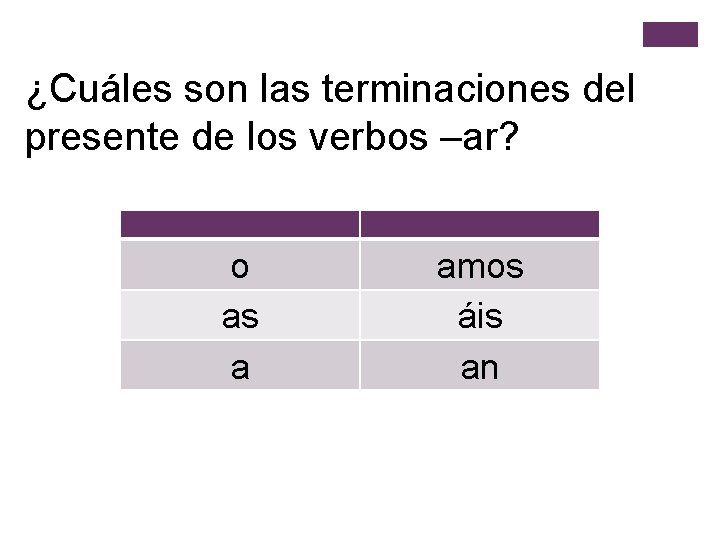 ¿Cuáles son las terminaciones del presente de los verbos –ar? o as a amos