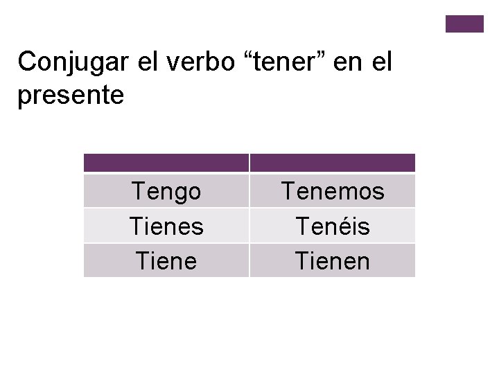 Conjugar el verbo “tener” en el presente Tengo Tienes Tiene Tenemos Tenéis Tienen 