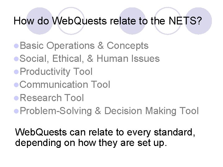 How do Web. Quests relate to the NETS? l. Basic Operations & Concepts l.