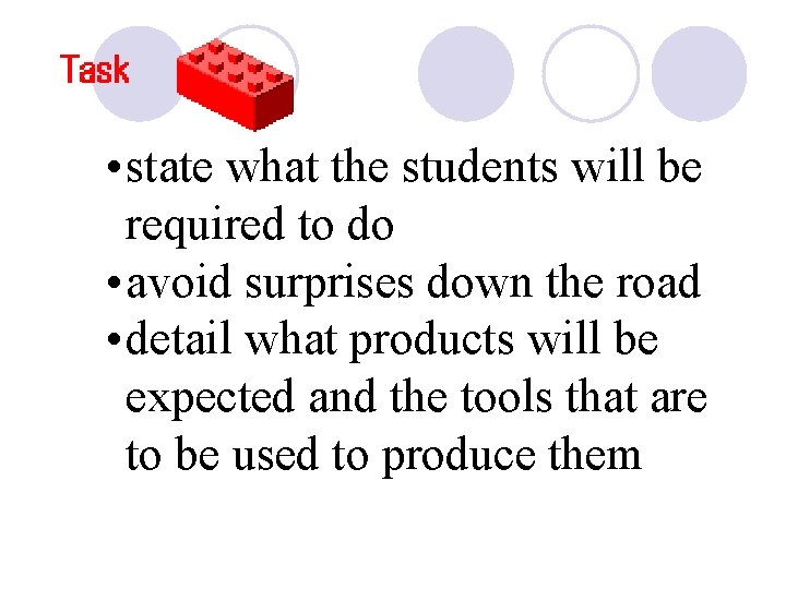  • state what the students will be required to do • avoid surprises