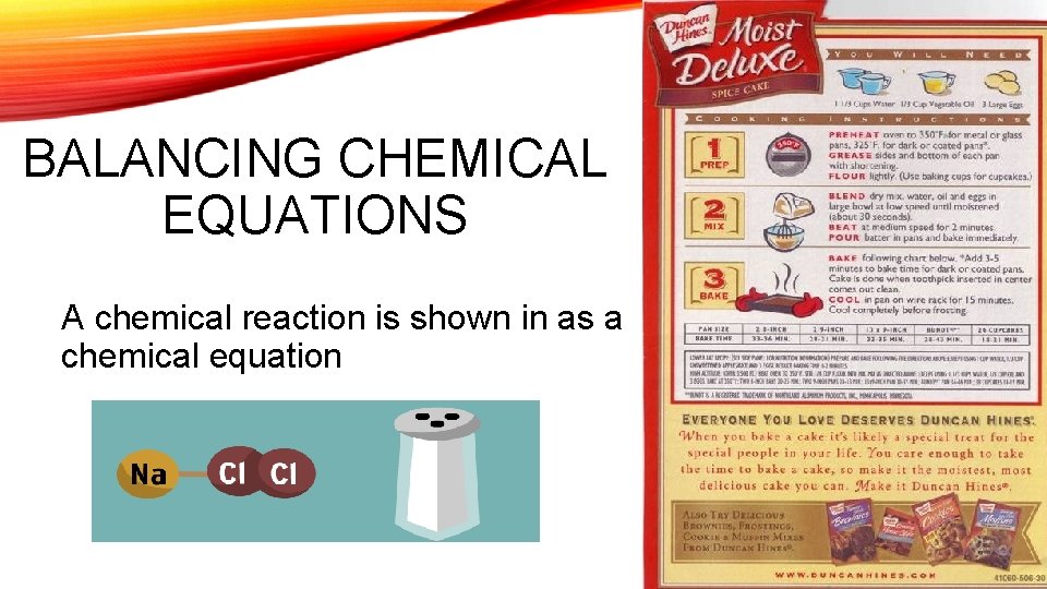 BALANCING CHEMICAL EQUATIONS A chemical reaction is shown in as a chemical equation 