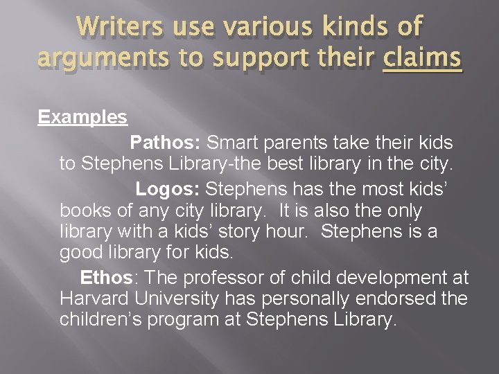 Writers use various kinds of arguments to support their claims Examples Pathos: Smart parents