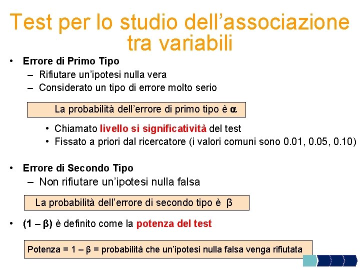 Test per lo studio dell’associazione tra variabili • Errore di Primo Tipo – Rifiutare