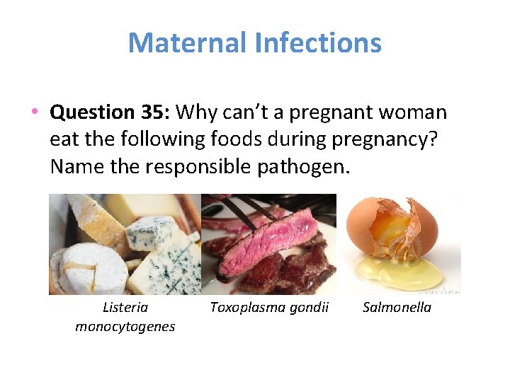 Maternal Infections • Question 35: Why can’t a pregnant woman eat the following foods