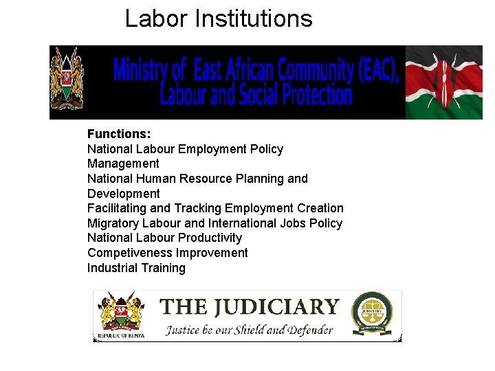 Labor Institutions Functions: National Labour Employment Policy Management National Human Resource Planning and Development