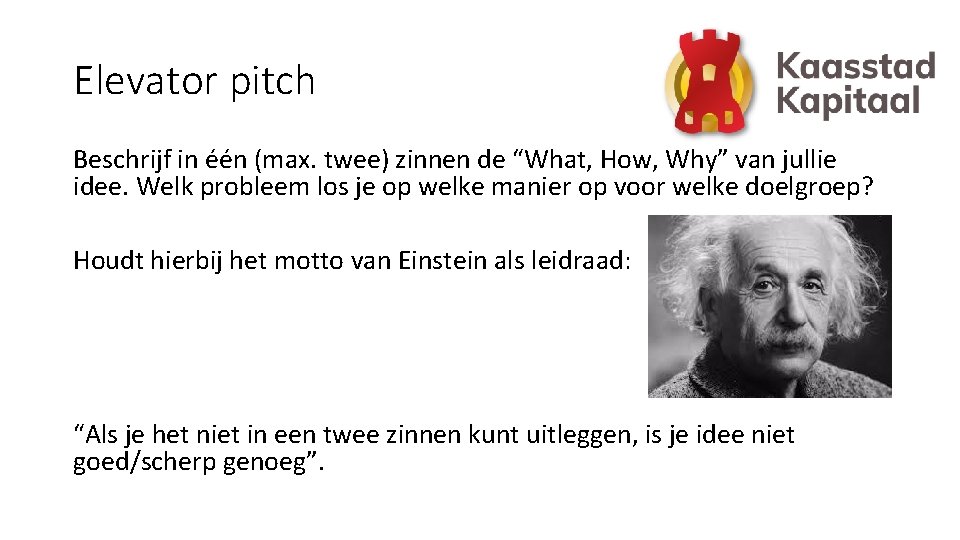 Elevator pitch Beschrijf in één (max. twee) zinnen de “What, How, Why” van jullie