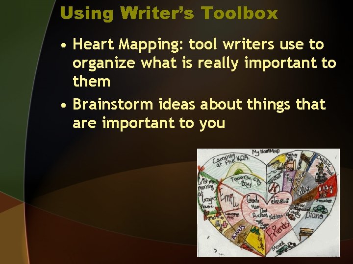 Using Writer’s Toolbox • Heart Mapping: tool writers use to organize what is really