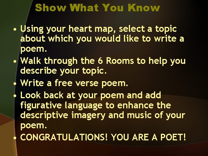 Show What You Know • Using your heart map, select a topic about which