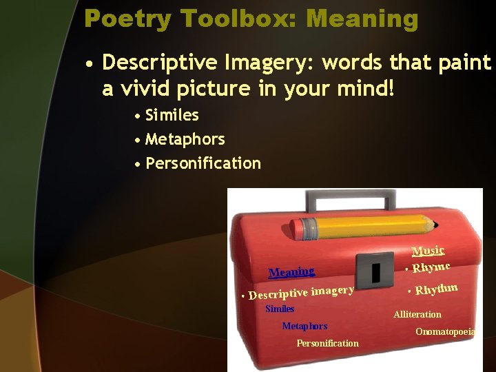 Poetry Toolbox: Meaning • Descriptive Imagery: words that paint a vivid picture in your