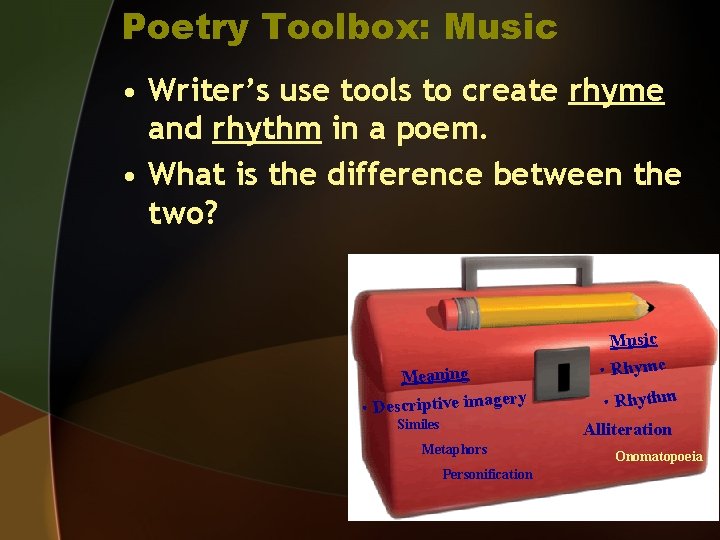 Poetry Toolbox: Music • Writer’s use tools to create rhyme and rhythm in a