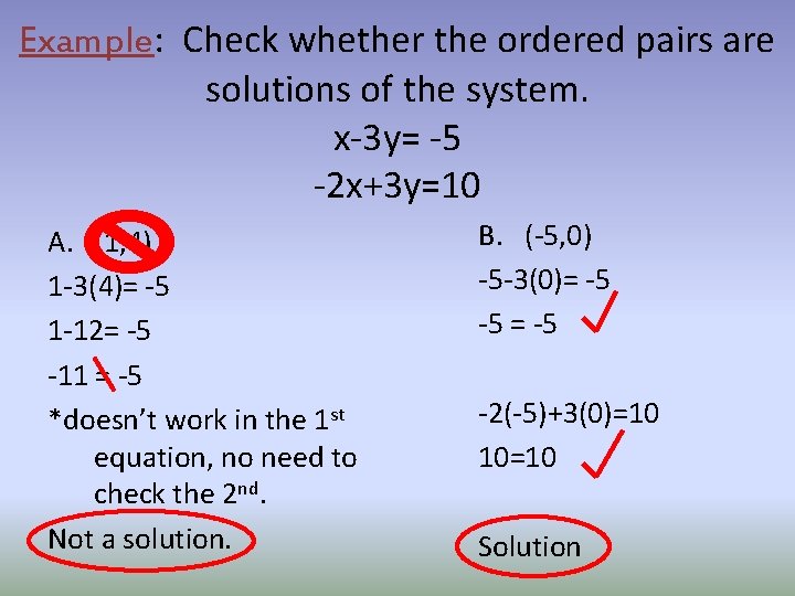 Example: Check whether the ordered pairs are solutions of the system. x-3 y= -5