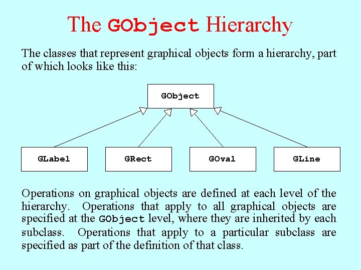 The GObject Hierarchy The classes that represent graphical objects form a hierarchy, part of