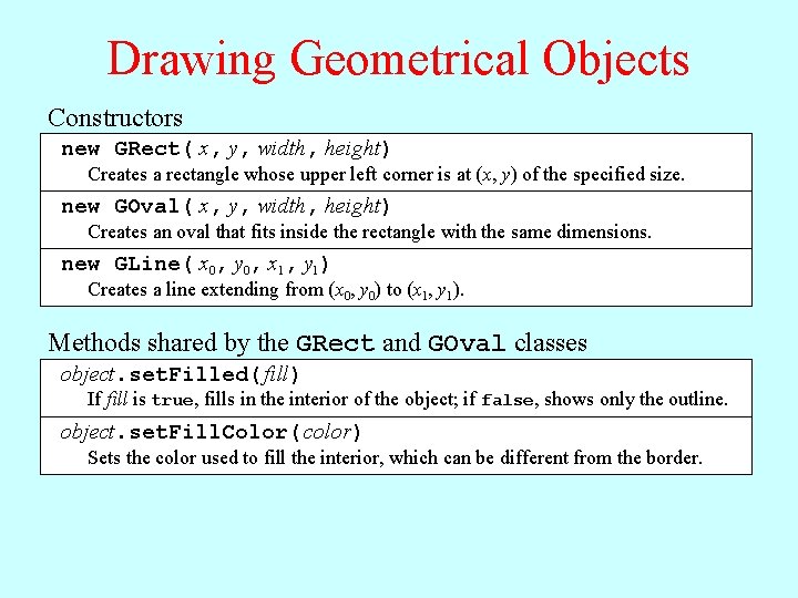 Drawing Geometrical Objects Constructors new GRect( x, y, width, height) Creates a rectangle whose