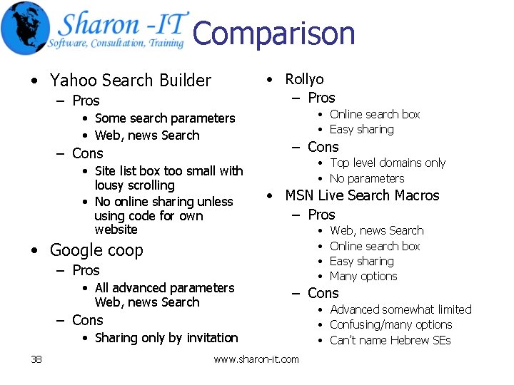Comparison • Yahoo Search Builder • Rollyo – Pros • Some search parameters •