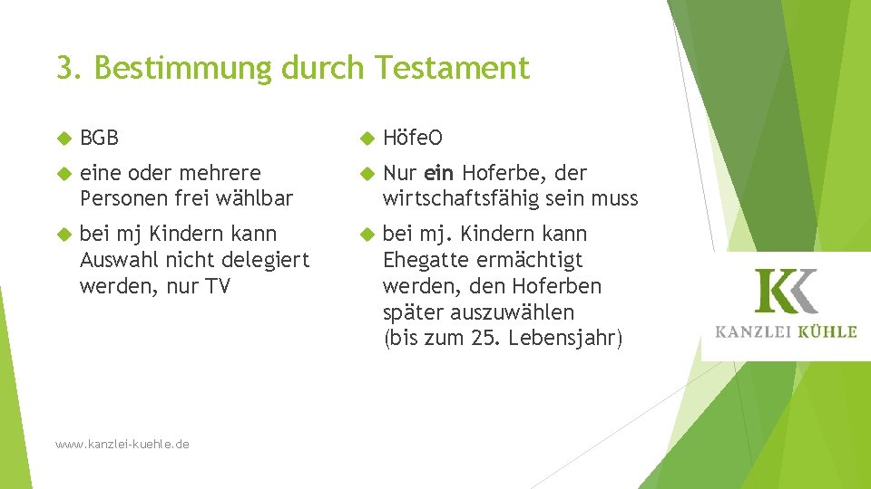 3. Bestimmung durch Testament BGB Höfe. O eine oder mehrere Personen frei wählbar Nur