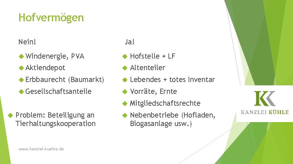 Hofvermögen Nein! Ja! Windenergie, PVA Aktiendepot Erbbaurecht (Baumarkt) Gesellschaftsanteile Problem: Beteiligung an Tierhaltungskooperation www.