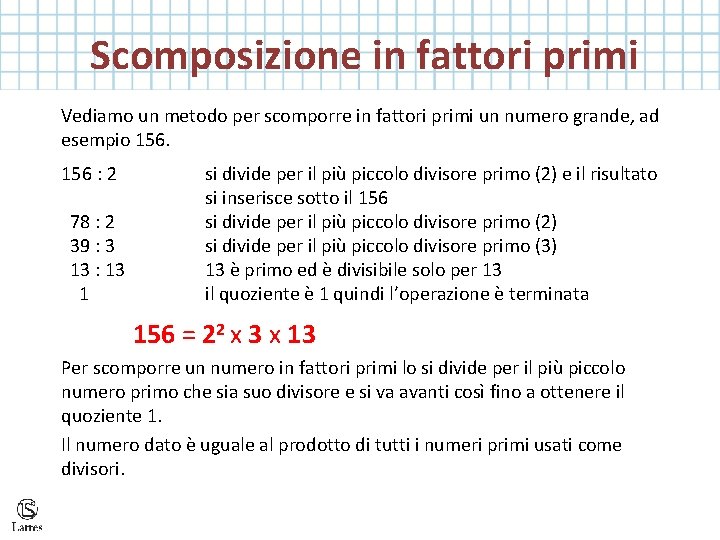  Scomposizione in fattori primi Vediamo un metodo per scomporre in fattori primi un