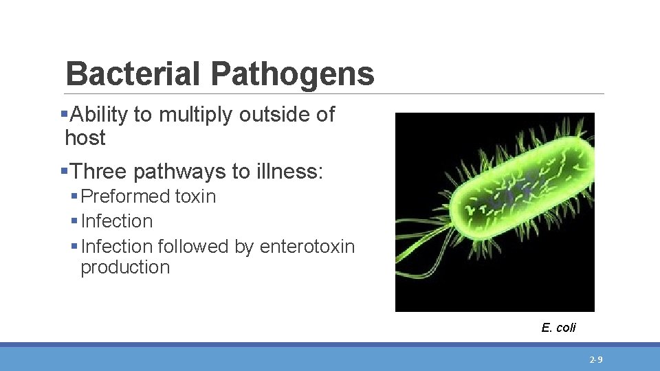 Bacterial Pathogens §Ability to multiply outside of host §Three pathways to illness: § Preformed