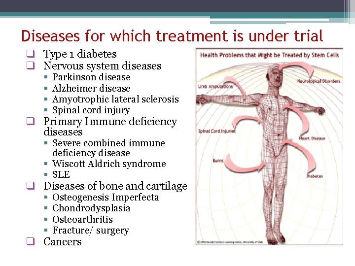 Diseases for which treatment is under trial q Type 1 diabetes q Nervous system