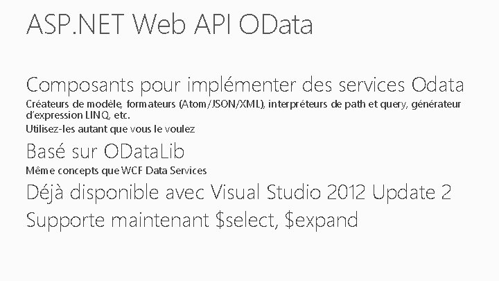 ASP. NET Web API OData Composants pour implémenter des services Odata Créateurs de modèle,